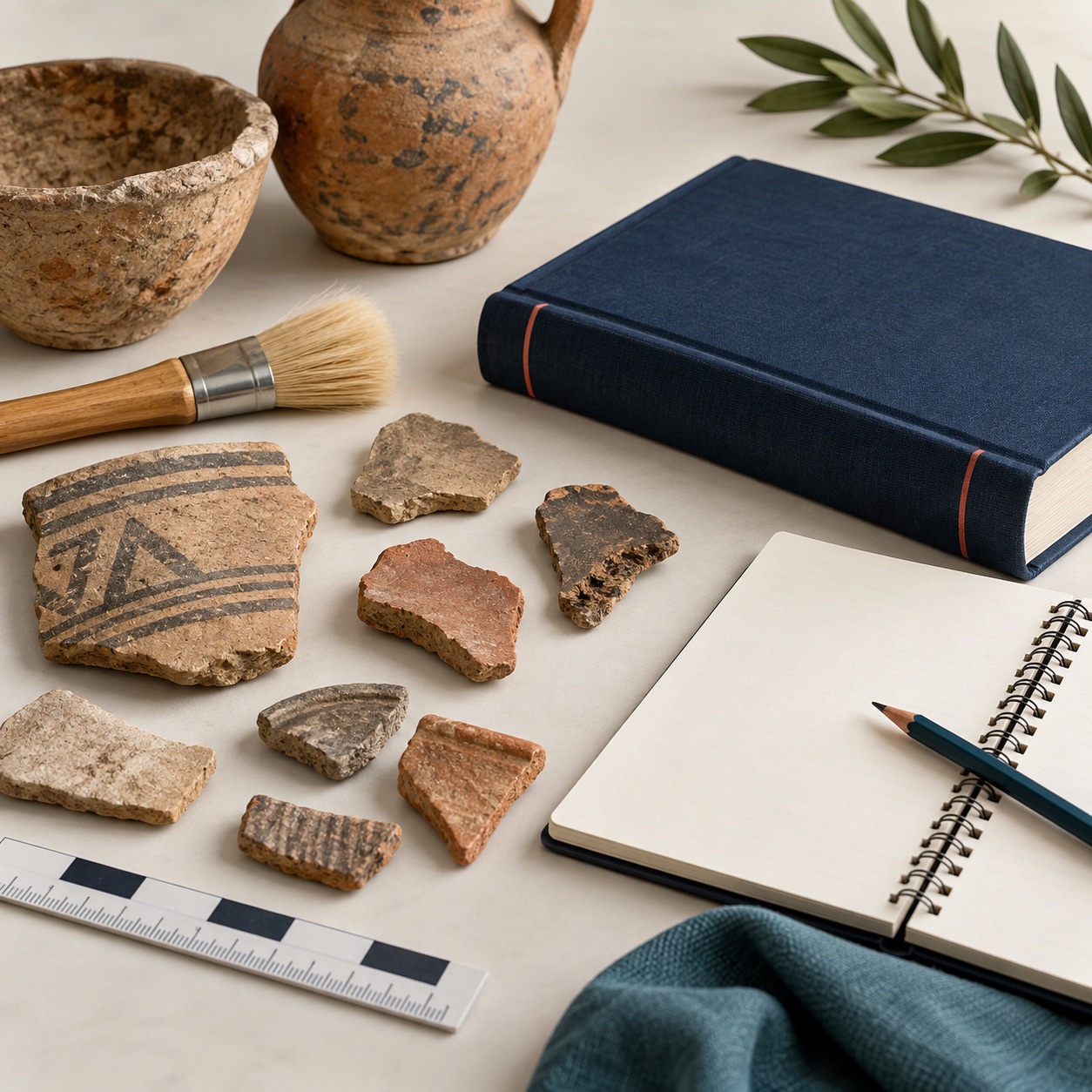 Pottery fragments and field notes representing biblical archaeology
