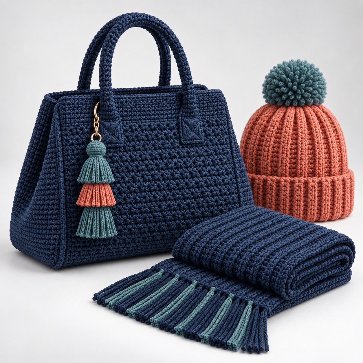 A structured crochet handbag beside coordinated winter accessories