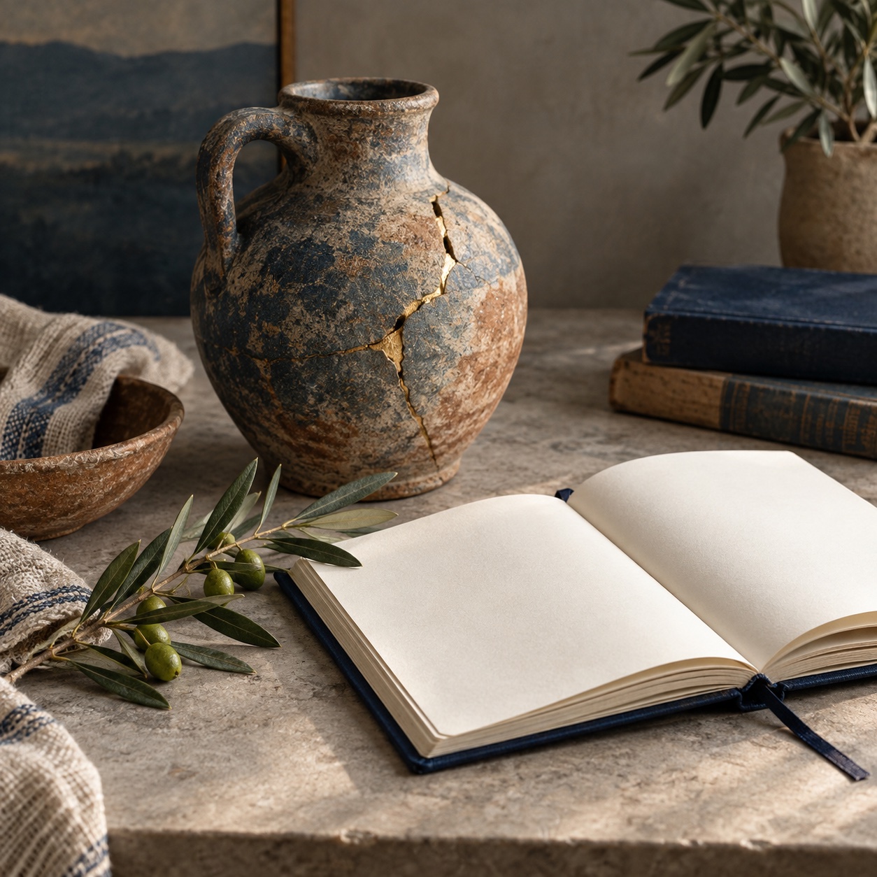 Repaired ceramic vessel and open journal