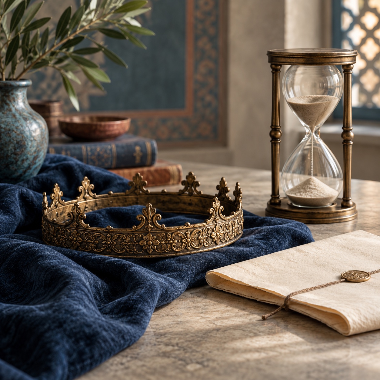 Circlet and hourglass on a study desk