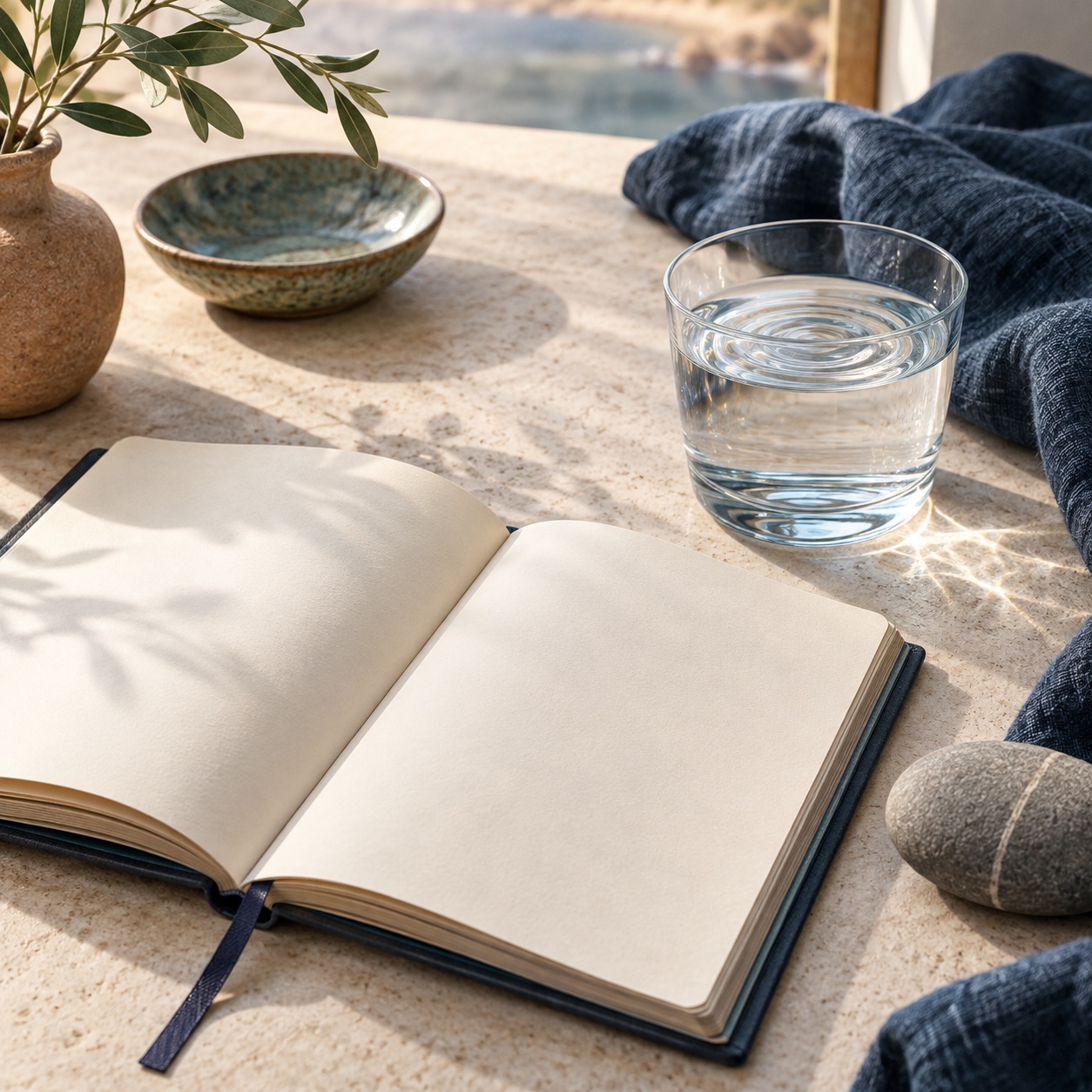 Open journal beside gentle water ripples