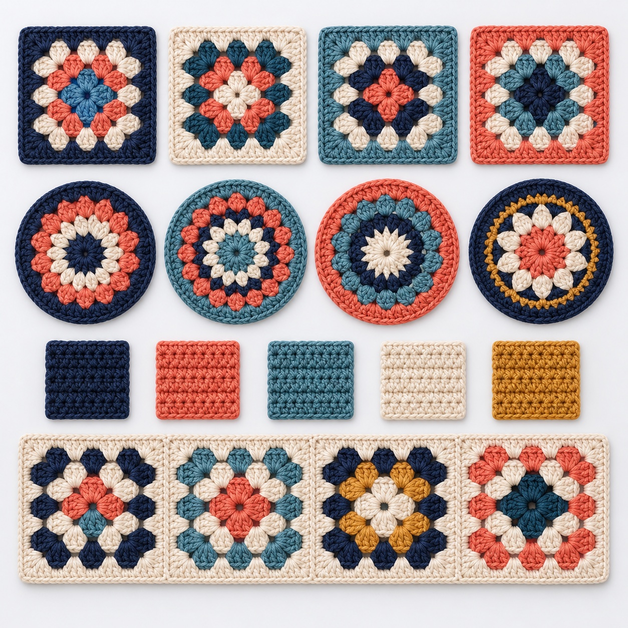 Crochet granny squares and circular motifs organized by color and geometry